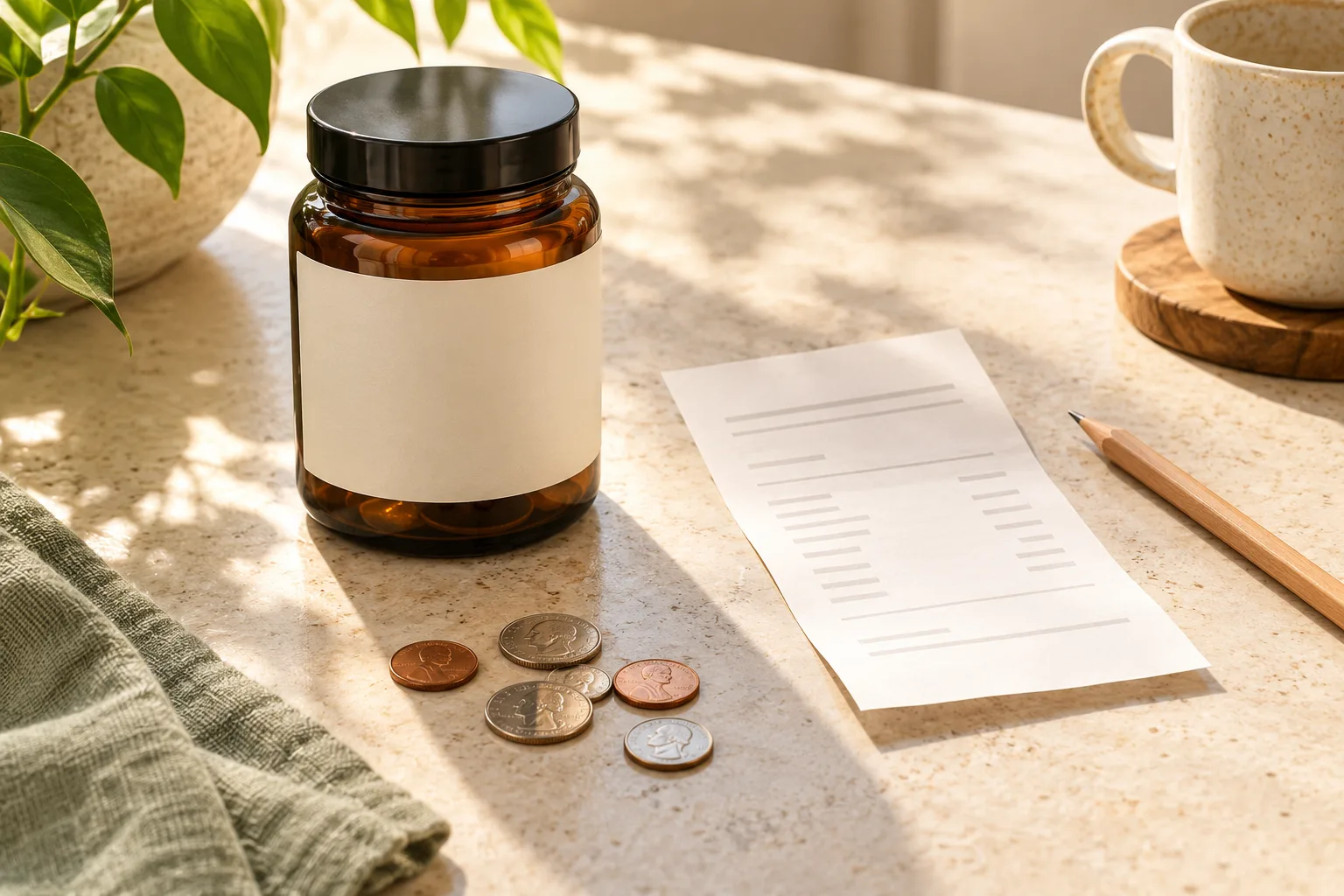 Unbranded jar, blank receipt, and coins on a table