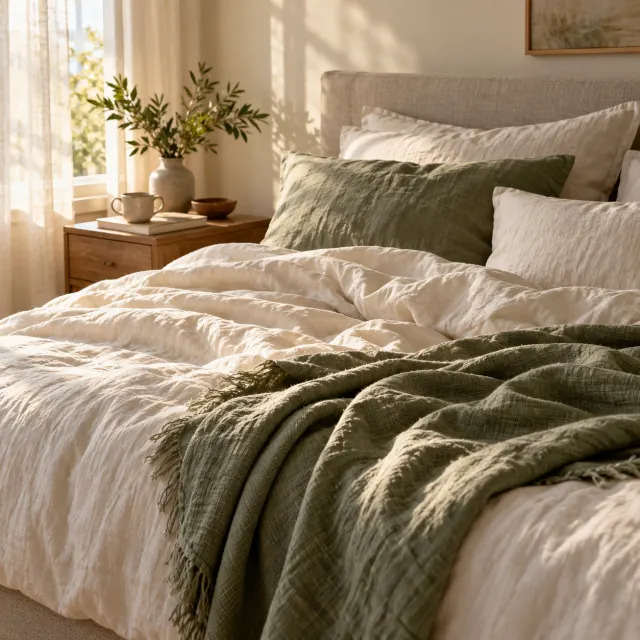 Soft bedding and a book in morning light