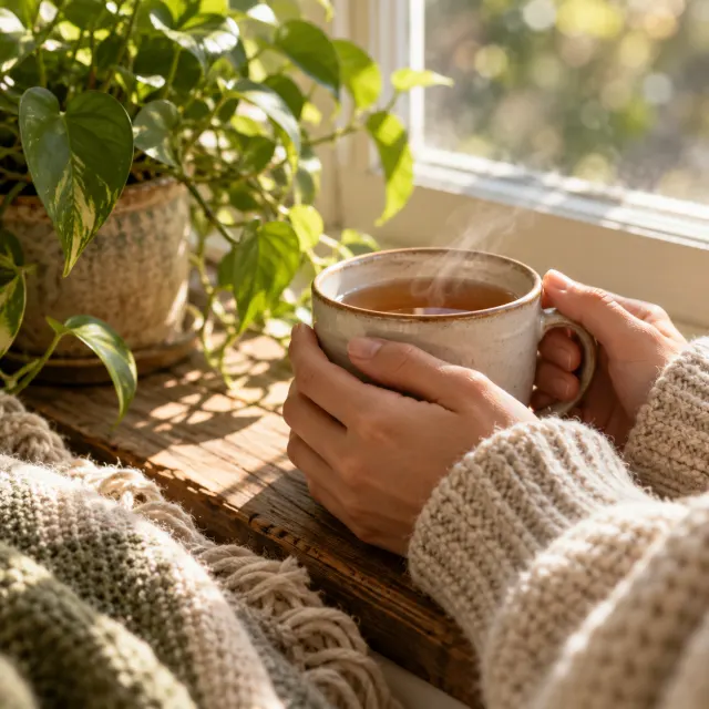 Hands holding a warm cup beside a sunlit window