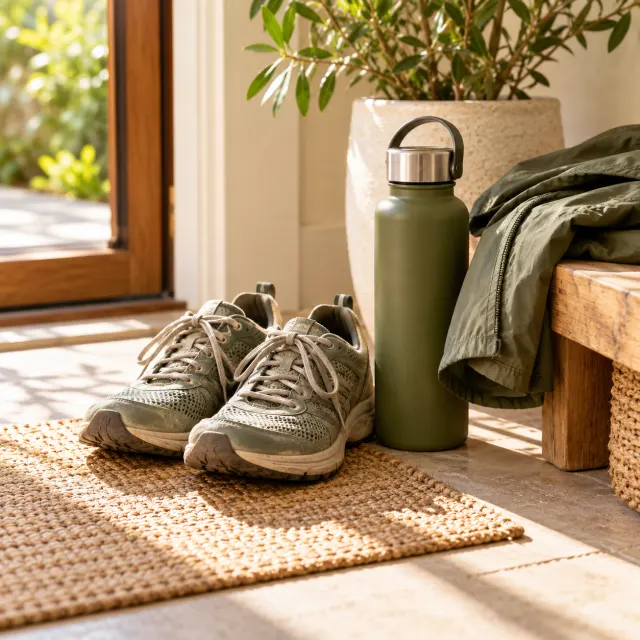 Walking shoes and a water bottle ready by the door